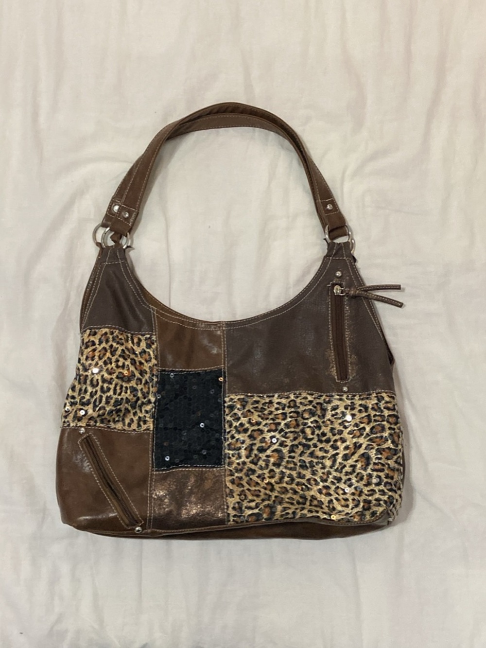 Y2K Brown Patchwork Sequined Tote Bag